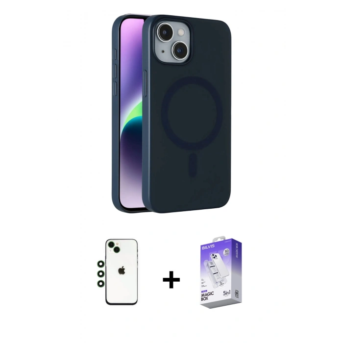 MARSİLYAN™- iPhone 14 Kılıf Çekirdek Modern Prime - Siyah Bilvis 5in1 3D Magic Cam Ekran Koruyucu + Shine Kamera Lens - YL