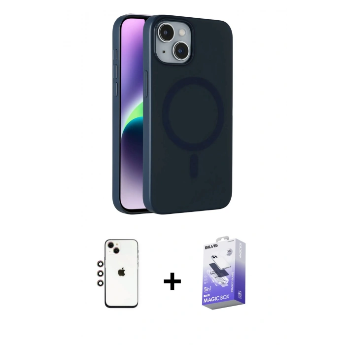 MARSİLYAN™- iPhone 14 Kılıf Çekirdek Modern Prime - Siyah Bilvis 5in1 5D Magic Hayalet Cam Ekran Koruyucu + Shine Kamera Lens - GI