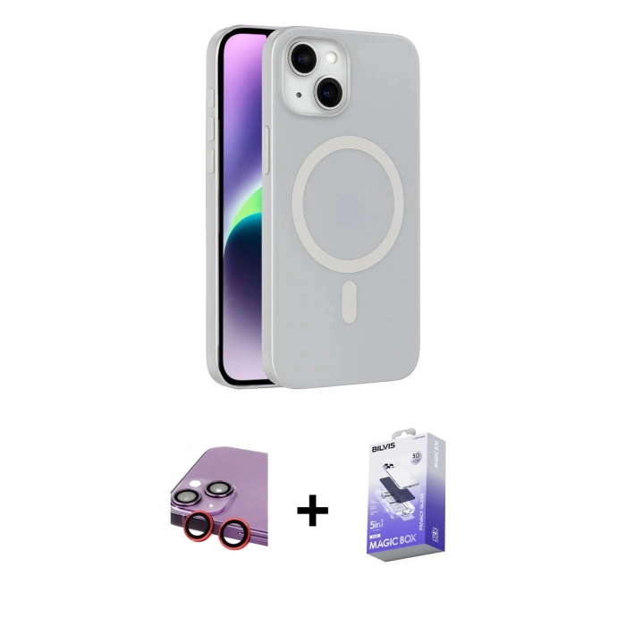 MARSİLYAN™- iPhone 14 Kılıf Çekirdek Modern Prime - Siyah Bilvis 5in1 5D Magic Hayalet Cam Ekran Koruyucu + Raze Metal Kamera Lens - KI
