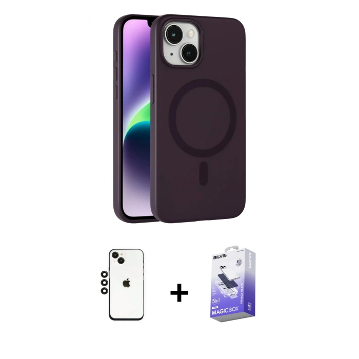 MARSİLYAN™- iPhone 14 Kılıf Çekirdek Modern Prime - Siyah Bilvis 5in1 5D Magic Hayalet Cam Ekran Koruyucu + Shine Kamera Lens - SH