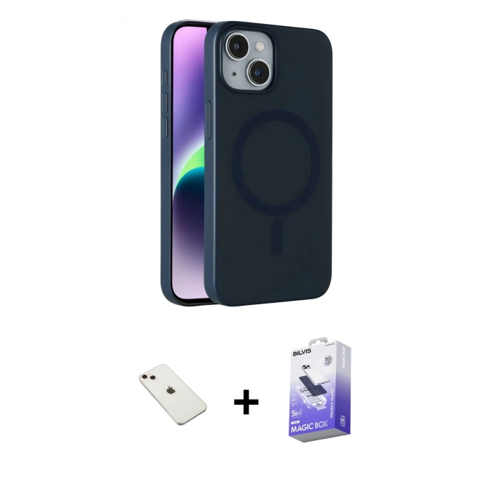MARSİLYAN™- iPhone 14 Kılıf Çekirdek Modern Prime - Siyah Bilvis 5in1 5D Magic Hayalet Cam Ekran Koruyucu + Diamond Kamera Lens - PE
