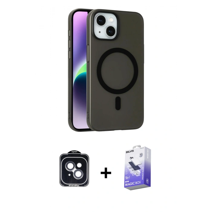 MARSİLYAN™- iPhone 14 Kılıf Çekirdek Modern Prime - Siyah Bilvis 5in1 5D Magic Hayalet Cam Ekran Koruyucu + PVD Metal Kamera Lens - SH
