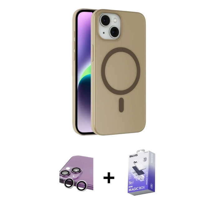 MARSİLYAN™- iPhone 14 Kılıf Çekirdek Modern Prime - Siyah Bilvis 5in1 5D Magic Hayalet Cam Ekran Koruyucu + Raze Metal Kamera Lens - GS