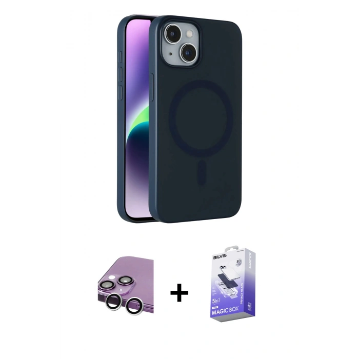 MARSİLYAN™- iPhone 14 Kılıf Çekirdek Modern Prime - Siyah Bilvis 5in1 5D Magic Hayalet Cam Ekran Koruyucu + Raze Metal Kamera Lens - GS