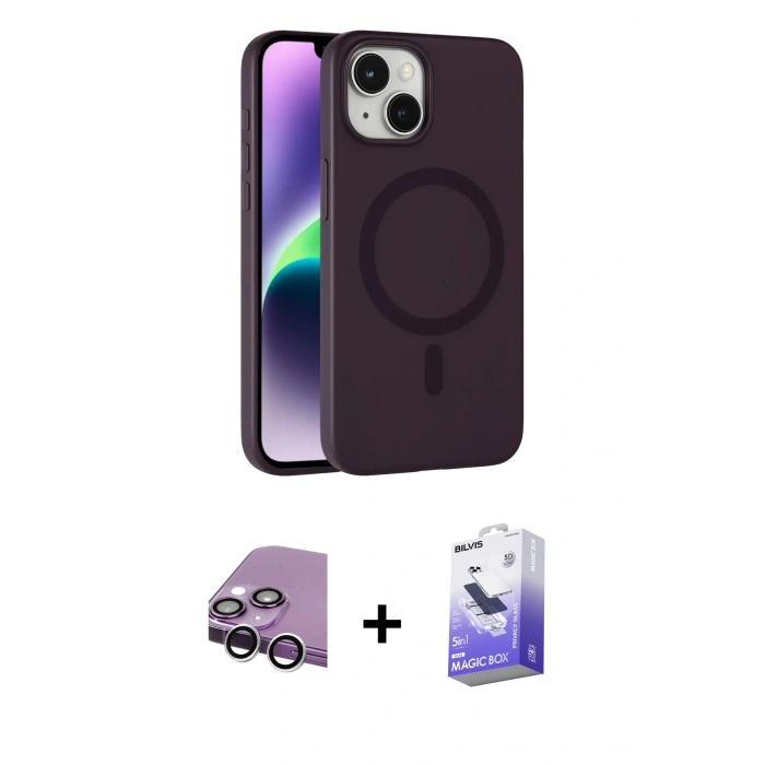 MARSİLYAN™- iPhone 14 Kılıf Çekirdek Modern Prime - Siyah Bilvis 5in1 5D Magic Hayalet Cam Ekran Koruyucu + Raze Metal Kamera Lens - GS