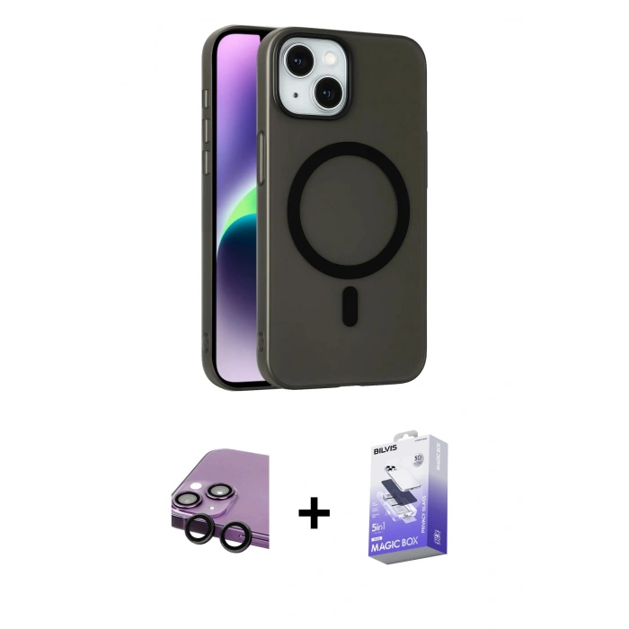 MARSİLYAN™- iPhone 14 Kılıf Çekirdek Modern Prime - Siyah Bilvis 5in1 5D Magic Hayalet Cam Ekran Koruyucu + Raze Metal Kamera Lens - SH