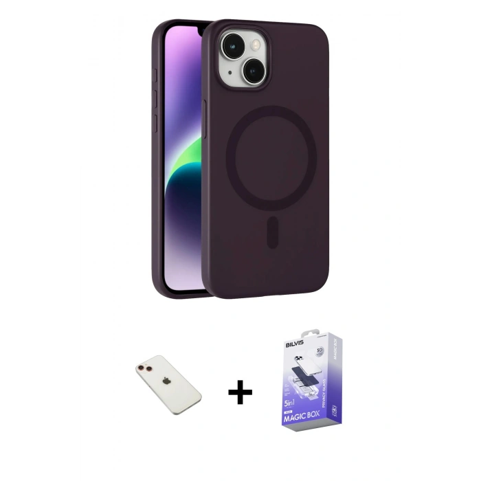 MARSİLYAN™- iPhone 14 Kılıf Çekirdek Modern Prime - Siyah Bilvis 5in1 5D Magic Hayalet Cam Ekran Koruyucu + Diamond Kamera Lens - KI
