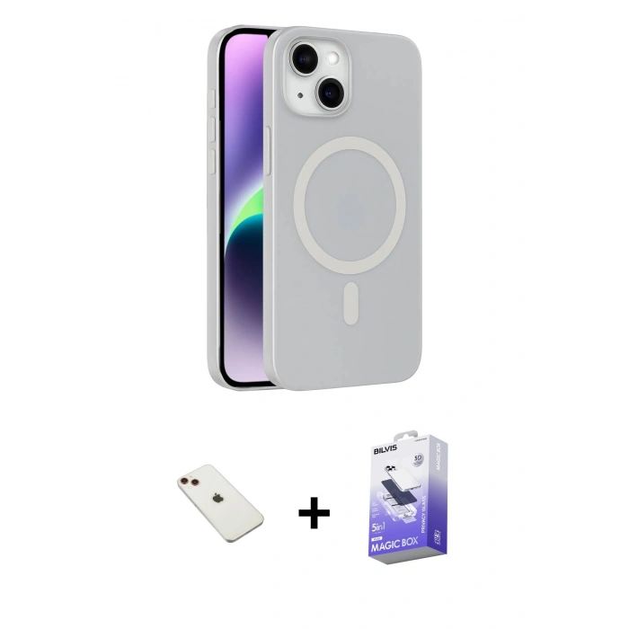 MARSİLYAN™- iPhone 14 Kılıf Çekirdek Modern Prime - Siyah Bilvis 5in1 5D Magic Hayalet Cam Ekran Koruyucu + Diamond Kamera Lens - KI
