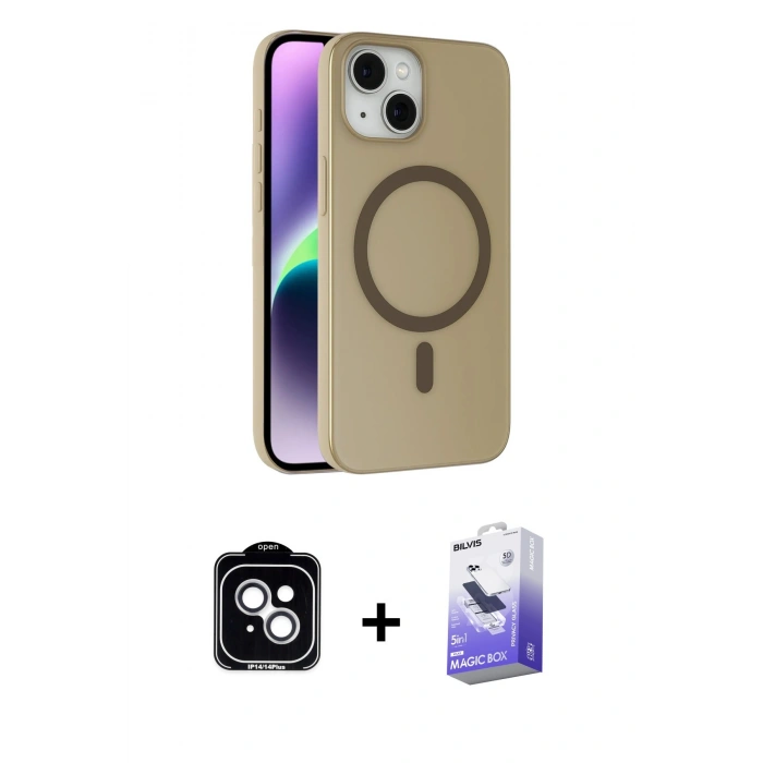 MARSİLYAN™- iPhone 14 Kılıf Çekirdek Modern Prime - Siyah Bilvis 5in1 5D Magic Hayalet Cam Ekran Koruyucu + PVD Metal Kamera Lens - GS