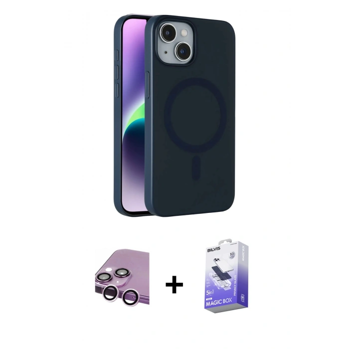 MARSİLYAN™- iPhone 14 Kılıf Çekirdek Modern Prime - Siyah Bilvis 5in1 5D Magic Hayalet Cam Ekran Koruyucu + Raze Metal Kamera Lens - MR