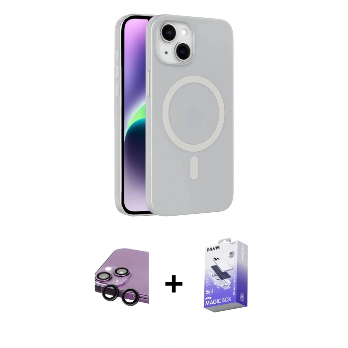 MARSİLYAN™- iPhone 14 Kılıf Çekirdek Modern Prime - Siyah Bilvis 5in1 5D Magic Hayalet Cam Ekran Koruyucu + Raze Metal Kamera Lens - SH
