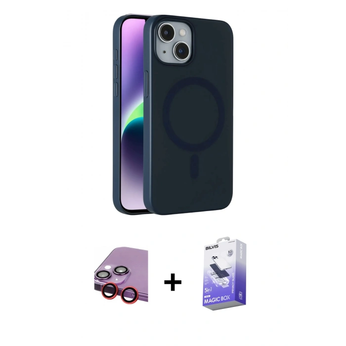 MARSİLYAN™- iPhone 14 Kılıf Çekirdek Modern Prime - Siyah Bilvis 5in1 5D Magic Hayalet Cam Ekran Koruyucu + Raze Metal Kamera Lens - KI