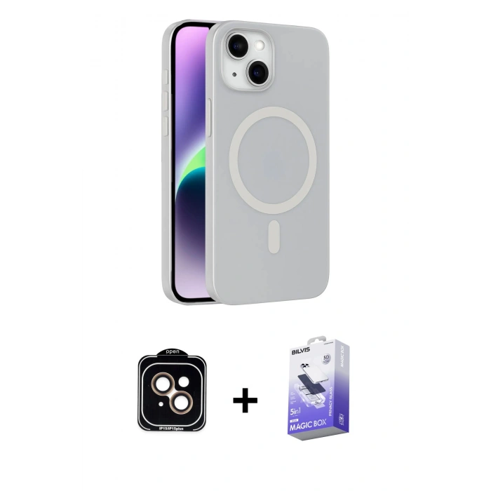 MARSİLYAN™- iPhone 14 Kılıf Çekirdek Modern Prime - Siyah Bilvis 5in1 5D Magic Hayalet Cam Ekran Koruyucu + PVD Metal Kamera Lens - TU