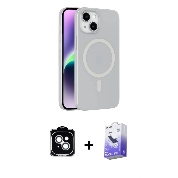 MARSİLYAN™- iPhone 14 Kılıf Çekirdek Modern Prime - Siyah Bilvis 5in1 5D Magic Hayalet Cam Ekran Koruyucu + PVD Metal Kamera Lens - GS