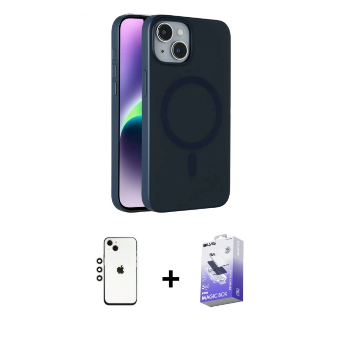 MARSİLYAN™- iPhone 14 Kılıf Çekirdek Modern Prime - Siyah Bilvis 5in1 5D Magic Hayalet Cam Ekran Koruyucu + Shine Kamera Lens - GS