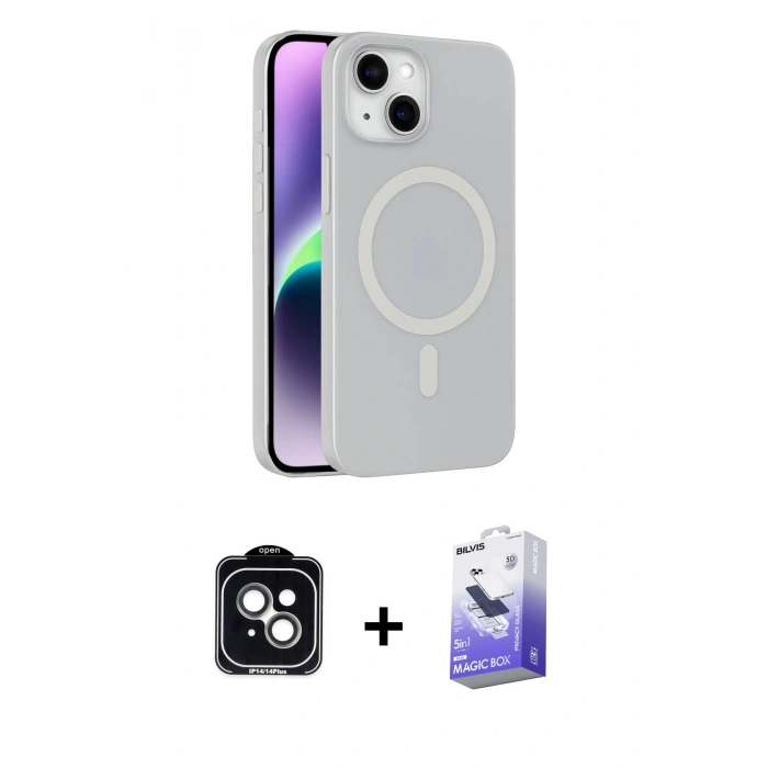MARSİLYAN™- iPhone 14 Kılıf Çekirdek Modern Prime - Siyah Bilvis 5in1 5D Magic Hayalet Cam Ekran Koruyucu + PVD Metal Kamera Lens - YL