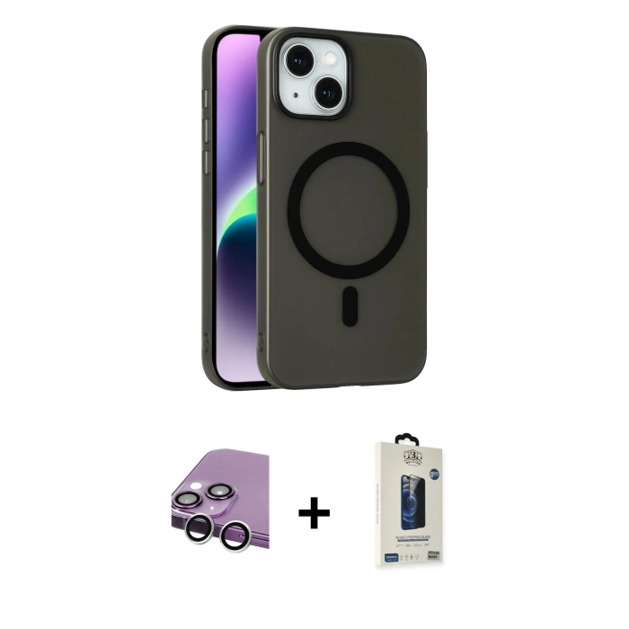 MARSİLYAN™- iPhone 14 Kılıf Çekirdek Modern Prime - Siyah Bilvis Hayalet Cam Ekran Koruyucu + Raze Metal Kamera Lens - GS