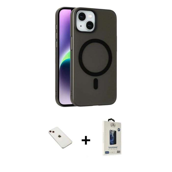 MARSİLYAN™- iPhone 14 Kılıf Çekirdek Modern Prime - Siyah Bilvis Hayalet Cam Ekran Koruyucu + Diamond Kamera Lens - KI