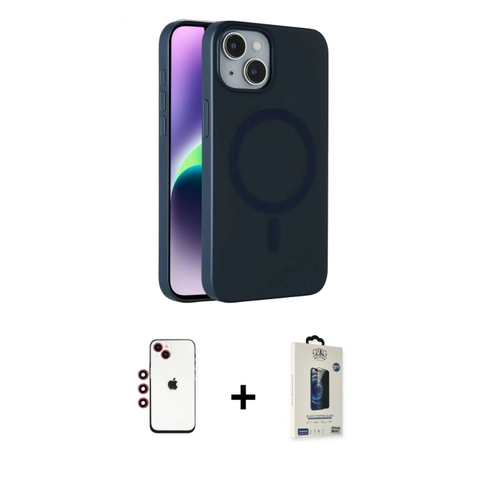 MARSİLYAN™- iPhone 14 Kılıf Çekirdek Modern Prime - Siyah Bilvis Hayalet Cam Ekran Koruyucu + Shine Kamera Lens - KI