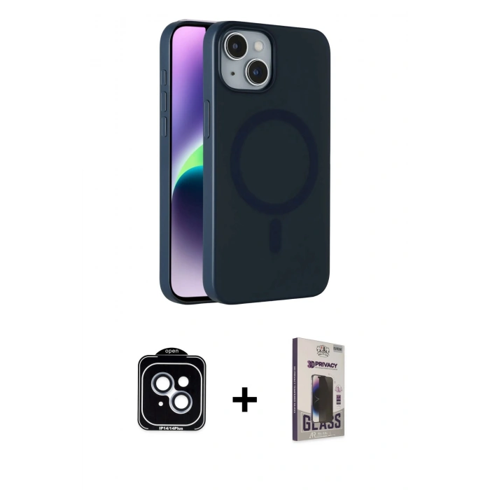 MARSİLYAN™- iPhone 14 Kılıf Çekirdek Modern Prime - Siyah Bilvis Hayalet Cam Ekran Koruyucu + PVD Metal Kamera Lens - MI