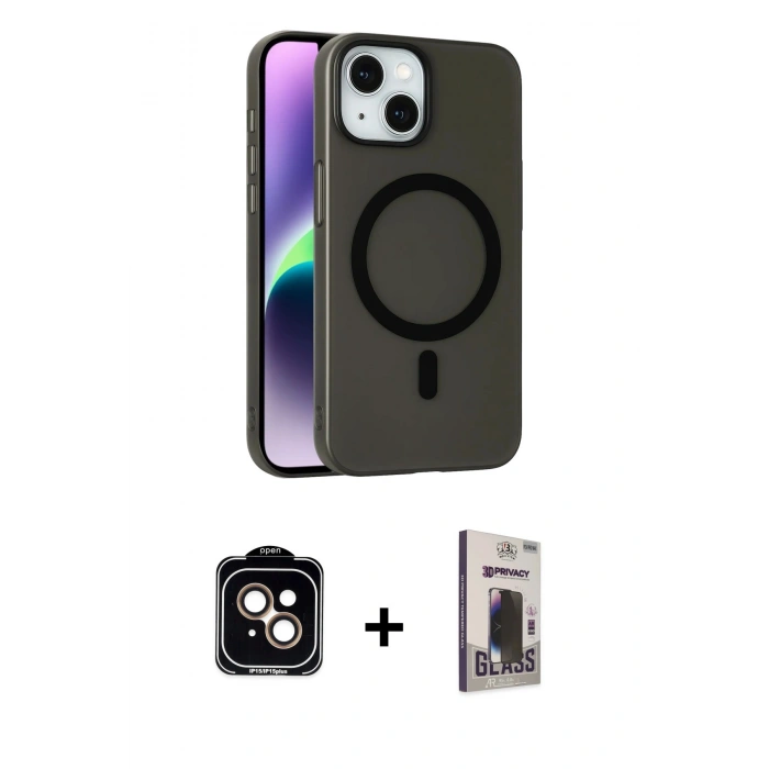 MARSİLYAN™- iPhone 14 Kılıf Çekirdek Modern Prime - Siyah Bilvis Hayalet Cam Ekran Koruyucu + PVD Metal Kamera Lens - TU