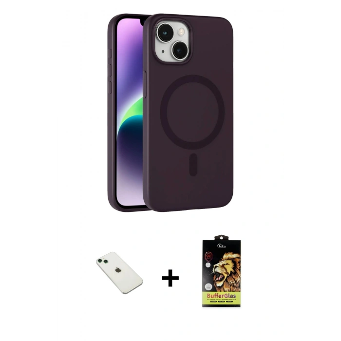 MARSİLYAN™- iPhone 14 Kılıf Çekirdek Modern Prime - Siyah Buffer Cam Ekran Koruyucu + Diamond Kamera Lens - YL