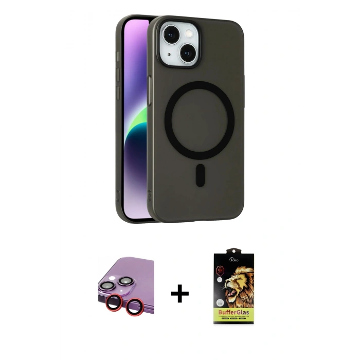 MARSİLYAN™- iPhone 14 Kılıf Çekirdek Modern Prime - Siyah Buffer Cam Ekran Koruyucu + Raze Metal Kamera Lens - KI