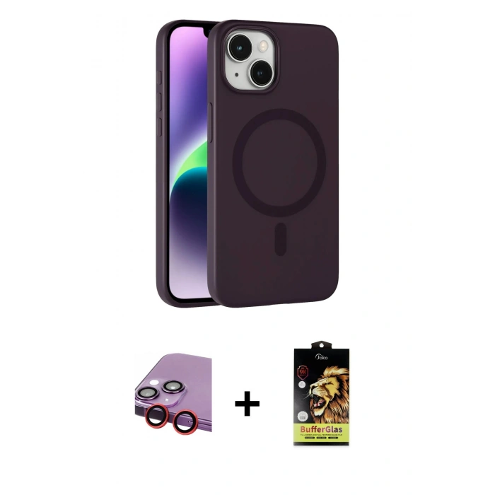 MARSİLYAN™- iPhone 14 Kılıf Çekirdek Modern Prime - Siyah Buffer Cam Ekran Koruyucu + Raze Metal Kamera Lens - KI