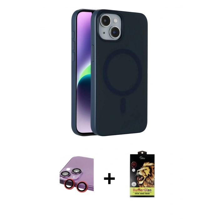 MARSİLYAN™- iPhone 14 Kılıf Çekirdek Modern Prime - Siyah Buffer Cam Ekran Koruyucu + Raze Metal Kamera Lens - KI