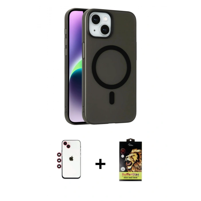 MARSİLYAN™- iPhone 14 Kılıf Çekirdek Modern Prime - Siyah Buffer Cam Ekran Koruyucu + Shine Kamera Lens - KI