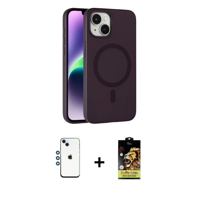 MARSİLYAN™- iPhone 14 Kılıf Çekirdek Modern Prime - Siyah Buffer Cam Ekran Koruyucu + Shine Kamera Lens - MI
