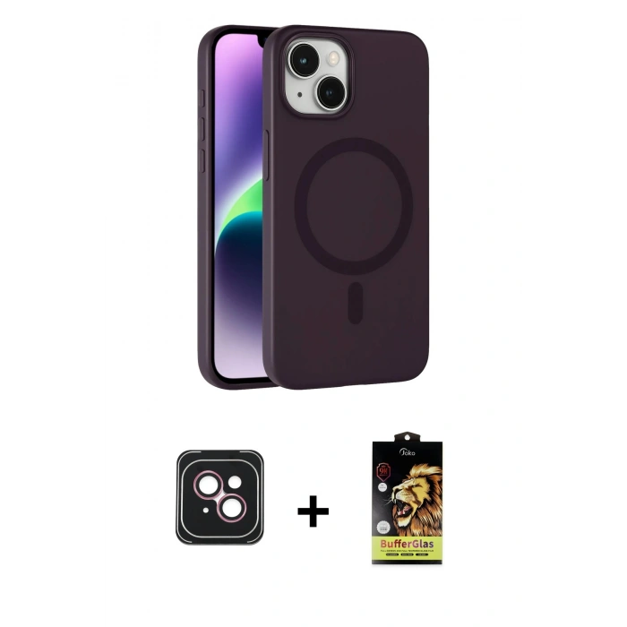 MARSİLYAN™- iPhone 14 Kılıf Çekirdek Modern Prime - Siyah Buffer Cam Ekran Koruyucu + PVD Metal Kamera Lens - PE