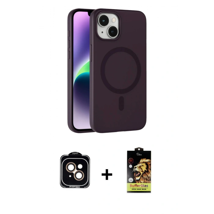 MARSİLYAN™- iPhone 14 Kılıf Çekirdek Modern Prime - Siyah Buffer Cam Ekran Koruyucu + PVD Metal Kamera Lens - TU