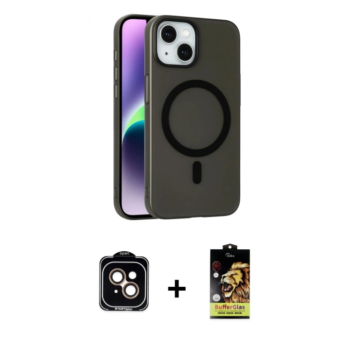 MARSİLYAN™- iPhone 14 Kılıf Çekirdek Modern Prime - Siyah Buffer Cam Ekran Koruyucu + PVD Metal Kamera Lens - TU