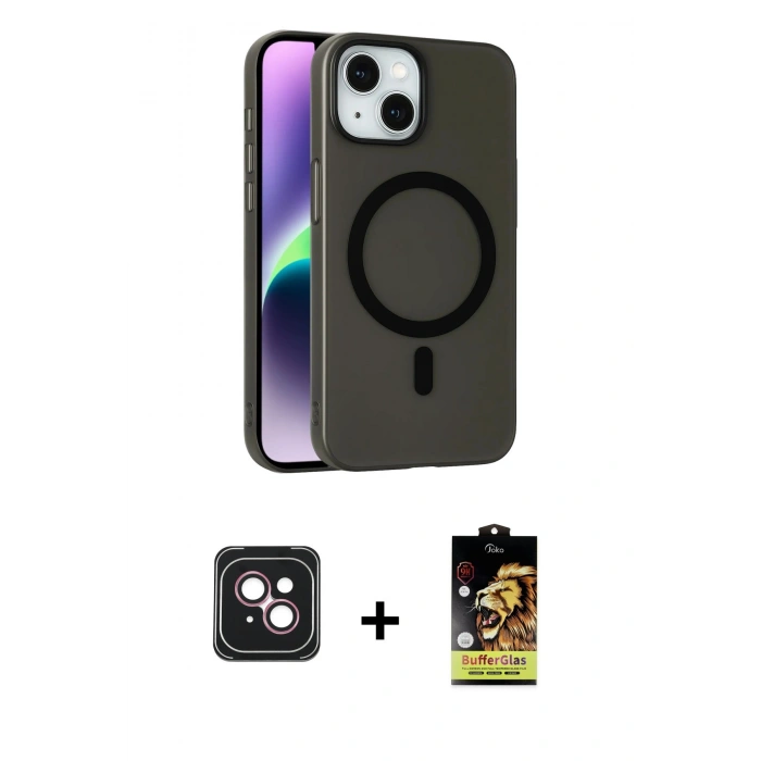 MARSİLYAN™- iPhone 14 Kılıf Çekirdek Modern Prime - Siyah Buffer Cam Ekran Koruyucu + PVD Metal Kamera Lens - PE