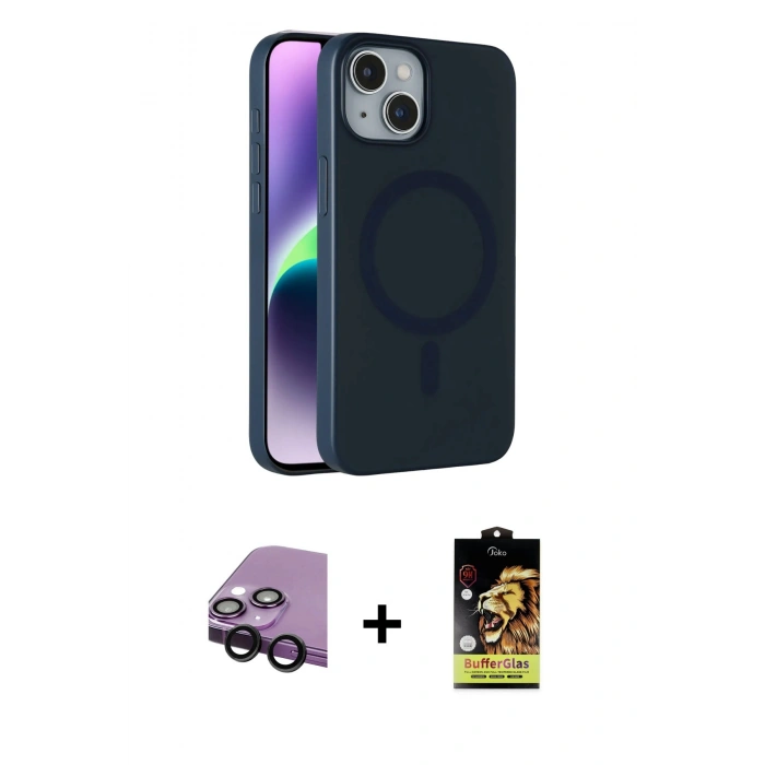 MARSİLYAN™- iPhone 14 Kılıf Çekirdek Modern Prime - Siyah Buffer Cam Ekran Koruyucu + Raze Metal Kamera Lens - SH