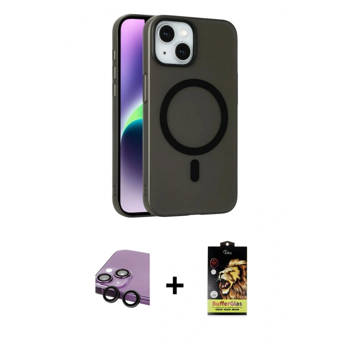 MARSİLYAN™- iPhone 14 Kılıf Çekirdek Modern Prime - Siyah Buffer Cam Ekran Koruyucu + Raze Metal Kamera Lens - SH