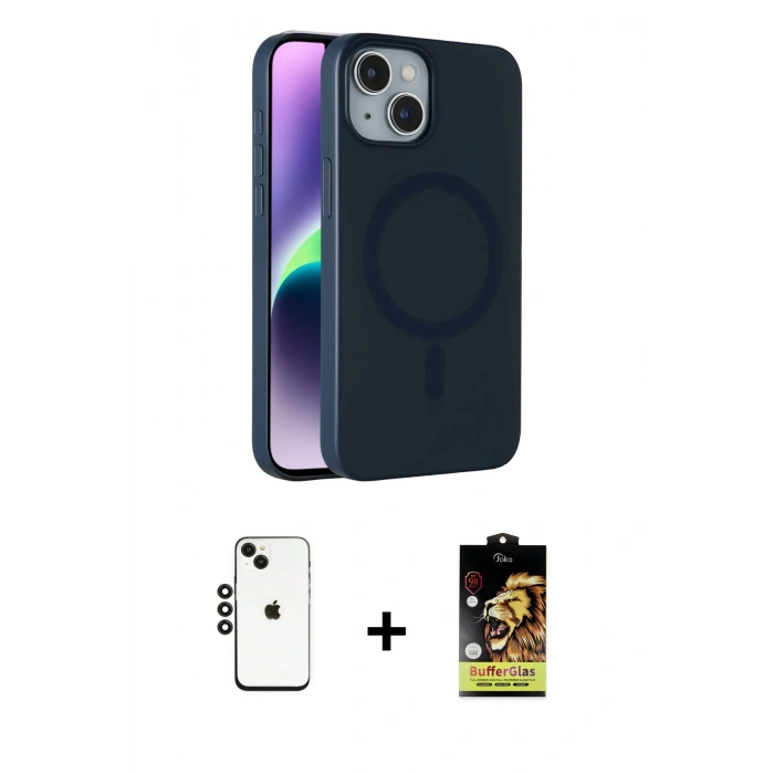 MARSİLYAN™- iPhone 14 Kılıf Çekirdek Modern Prime - Siyah Buffer Cam Ekran Koruyucu + Siyah Shine Kamera Lens