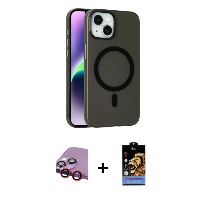 MARSİLYAN™- iPhone 14 Kılıf Çekirdek Modern Prime - Siyah Buffer Hayalet Cam Ekran Koruyucu + Raze Metal Kamera Lens - KI