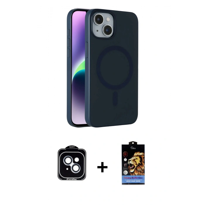 MARSİLYAN™- iPhone 14 Kılıf Çekirdek Modern Prime - Siyah Buffer Hayalet Cam Ekran Koruyucu + PVD Metal Kamera Lens - MI