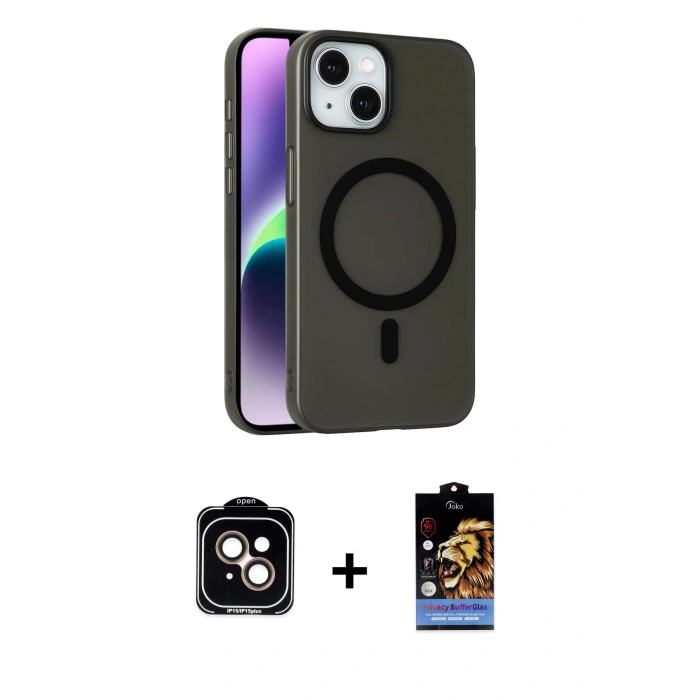 MARSİLYAN™- iPhone 14 Kılıf Çekirdek Modern Prime - Siyah Buffer Hayalet Cam Ekran Koruyucu + PVD Metal Kamera Lens - TU