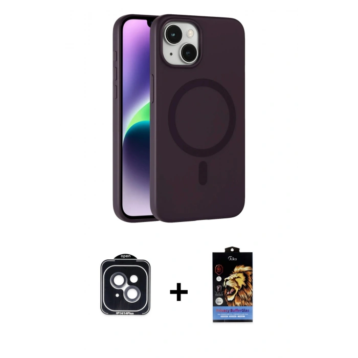MARSİLYAN™- iPhone 14 Kılıf Çekirdek Modern Prime - Siyah Buffer Hayalet Cam Ekran Koruyucu + PVD Metal Kamera Lens - SH
