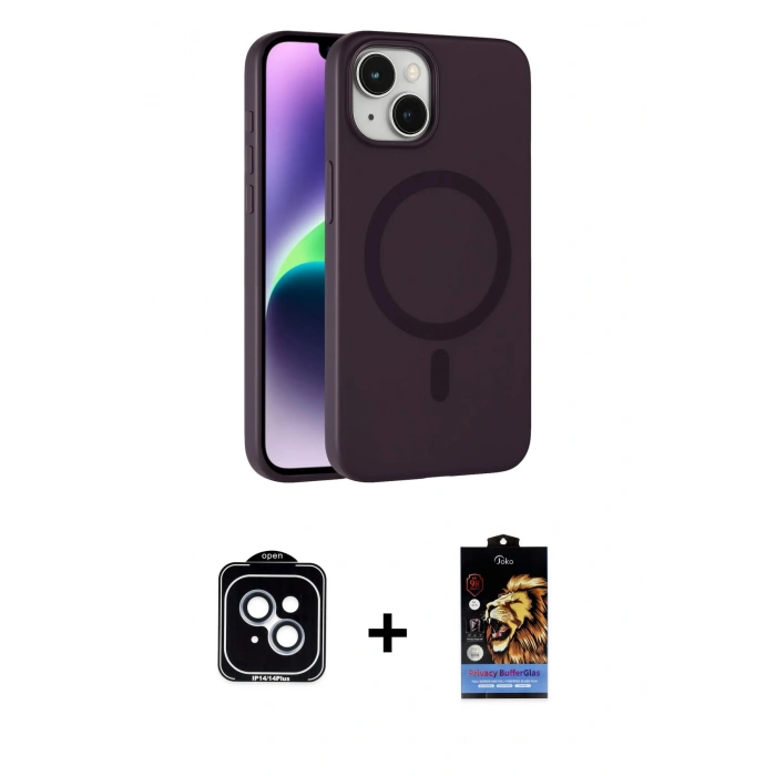 MARSİLYAN™- iPhone 14 Kılıf Çekirdek Modern Prime - Siyah Buffer Hayalet Cam Ekran Koruyucu + PVD Metal Kamera Lens - MI