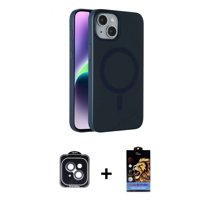 MARSİLYAN™- iPhone 14 Kılıf Çekirdek Modern Prime - Siyah Buffer Hayalet Cam Ekran Koruyucu + PVD Metal Kamera Lens - SH
