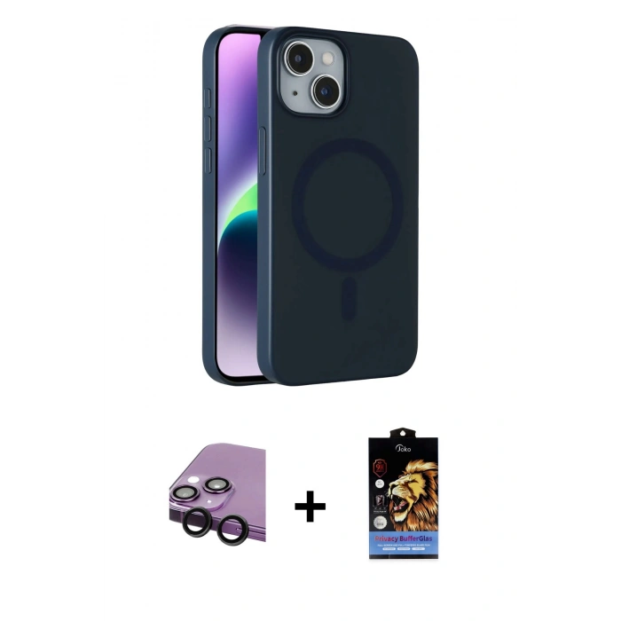 MARSİLYAN™- iPhone 14 Kılıf Çekirdek Modern Prime - Siyah Buffer Hayalet Cam Ekran Koruyucu + Raze Metal Kamera Lens - SH