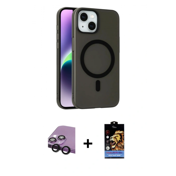 MARSİLYAN™- iPhone 14 Kılıf Çekirdek Modern Prime - Siyah Buffer Hayalet Cam Ekran Koruyucu + Raze Metal Kamera Lens - SH