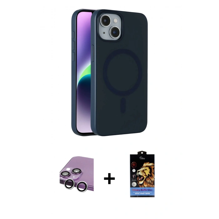 MARSİLYAN™- iPhone 14 Kılıf Çekirdek Modern Prime - Siyah Buffer Hayalet Cam Ekran Koruyucu + Raze Metal Kamera Lens - GS