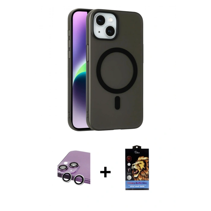MARSİLYAN™- iPhone 14 Kılıf Çekirdek Modern Prime - Siyah Buffer Hayalet Cam Ekran Koruyucu + Raze Metal Kamera Lens - GS