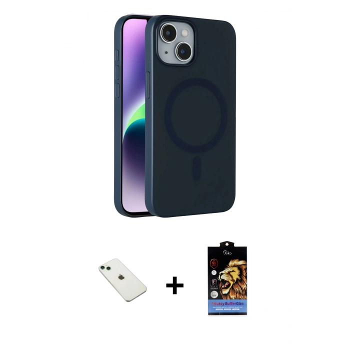 MARSİLYAN™- iPhone 14 Kılıf Çekirdek Modern Prime - Siyah Buffer Hayalet Cam Ekran Koruyucu + Diamond Kamera Lens - YL