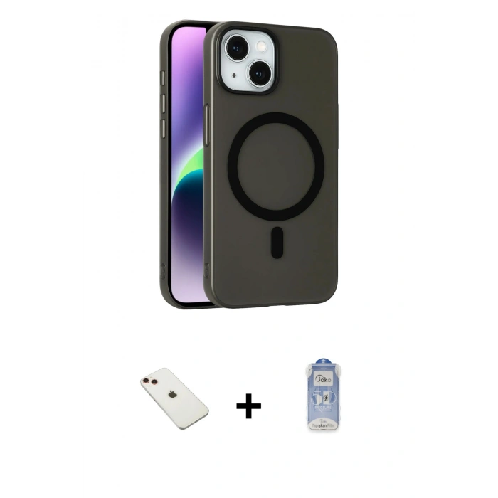MARSİLYAN™- iPhone 14 Kılıf Çekirdek Modern Prime - Siyah Joko Magic 5D Cam + Diamond Kamera Lens - KI